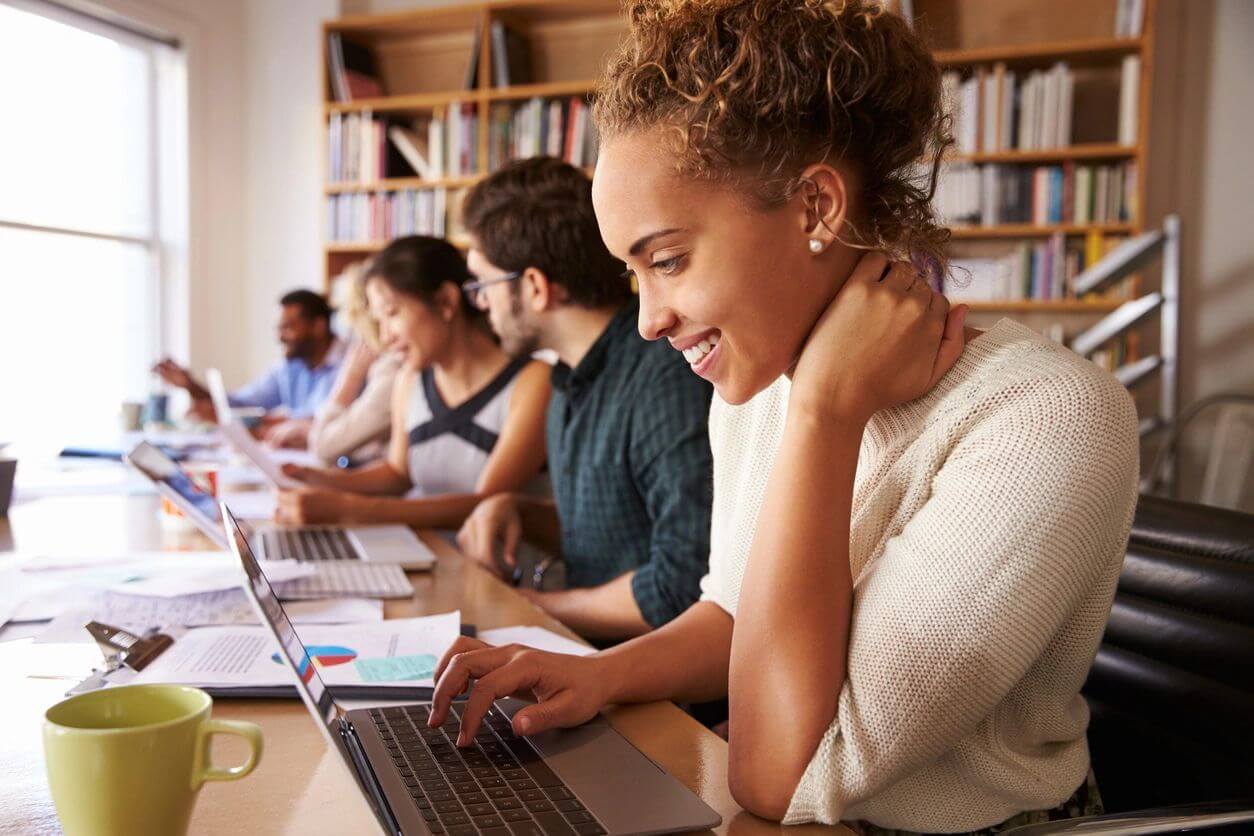 Students working in a library